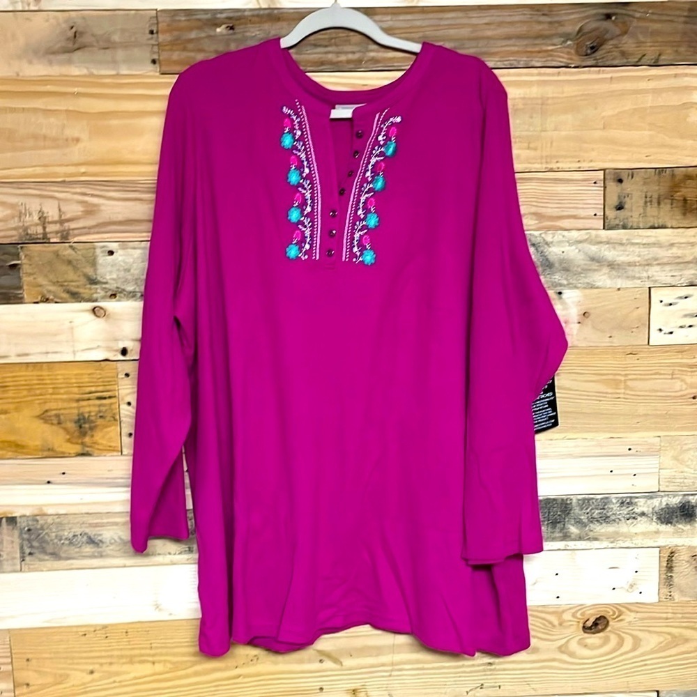 Woman Within size 3X (30/32) hot pink floral stitching Henley waffle knit top